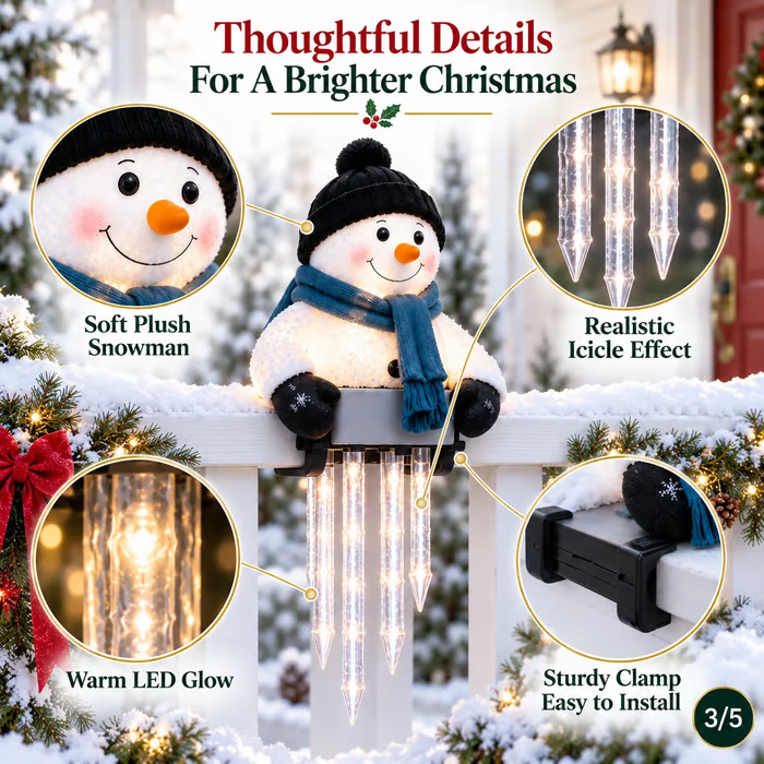 WinterGlow snowman decoration shown in daylight and lit up at night