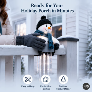 Snowman icicle light decor arranged as part of a full holiday display