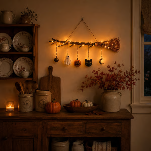 Lighted Fall Broom Wall Hanging - detail view