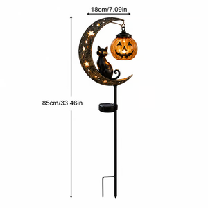 Solar Halloween Black Cat & Pumpkin Moon Garden Stake Light - detail view