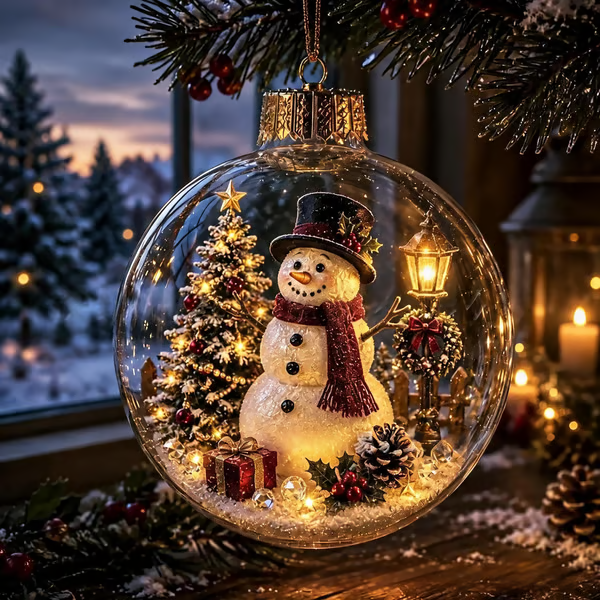 Glowing Christmas Diorama Ornament - Snowman