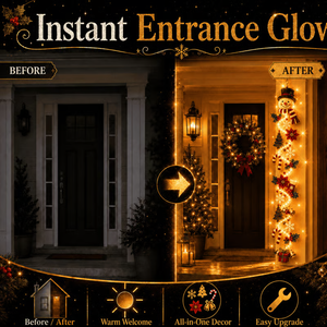 Before and after of an entryway with the glowing door hanger