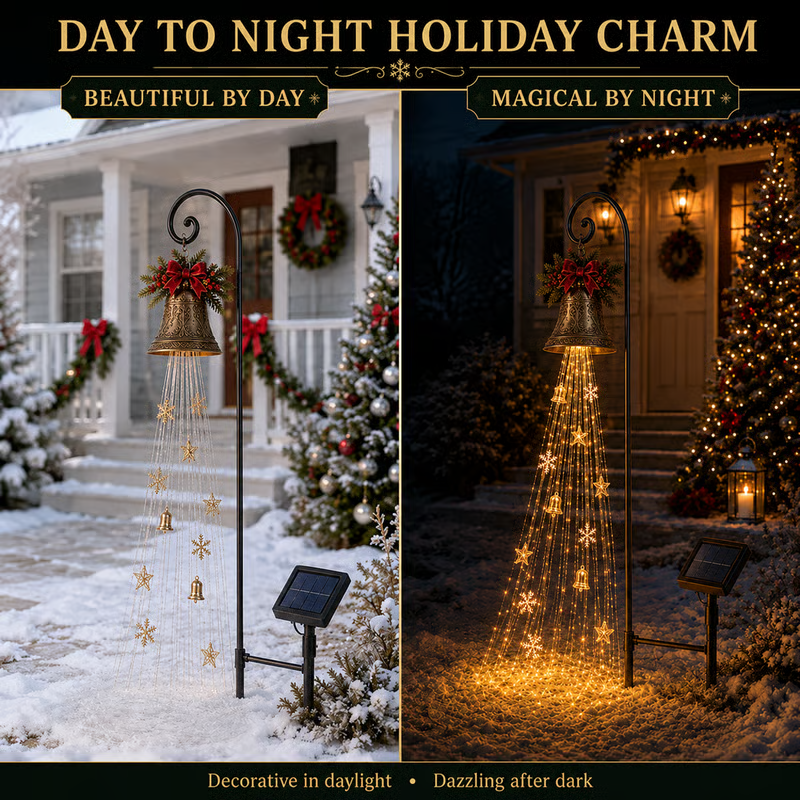 Christmas bell cascade light creating a festive focal point in the front yard