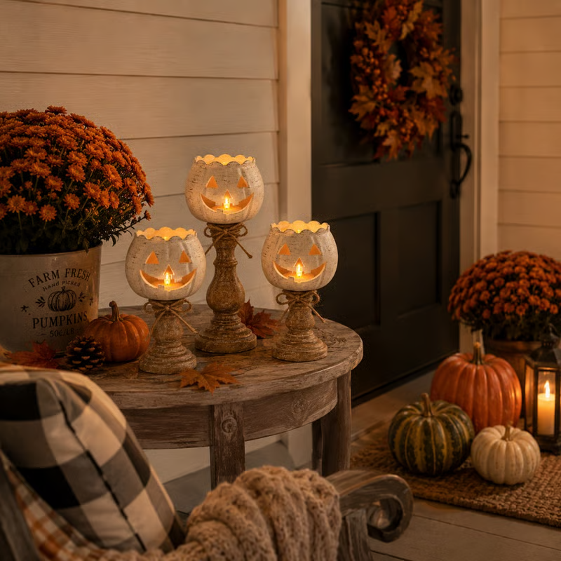 Rustic White Pumpkin Tealight Candle Holders (Set of 3) - detail view