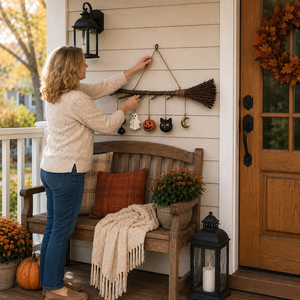 Lighted Fall Broom Wall Hanging - detail view