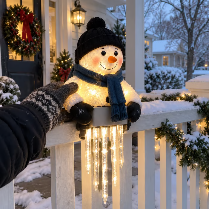 Lighted snowman decoration placed along a porch railing at dusk