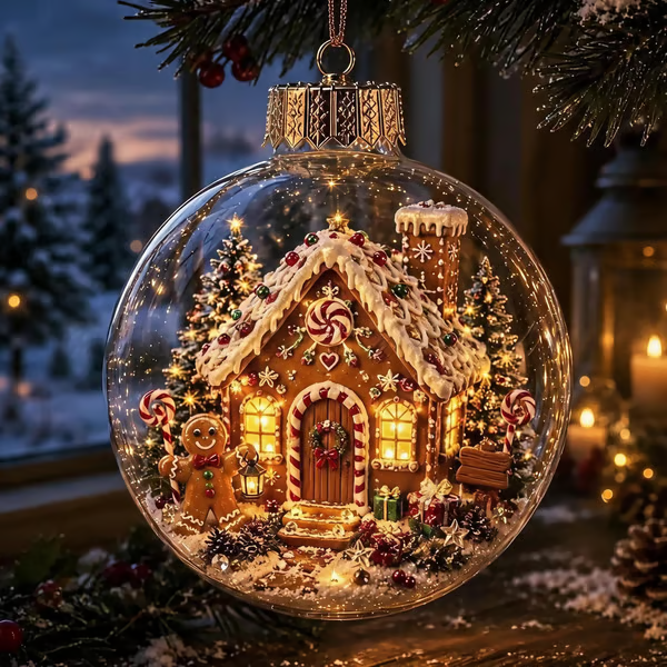Glowing Christmas Diorama Ornament - Gingerbread House