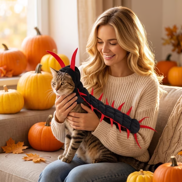 Cat in the centipede costume walking across a hallway