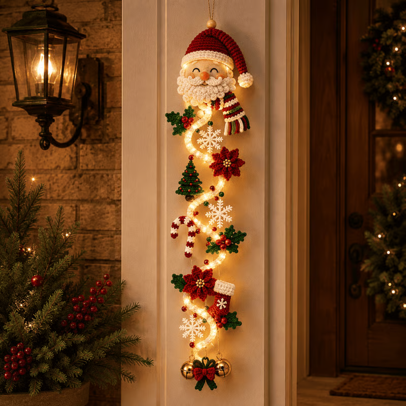 Santa Claus glowing Christmas door hanger with layered holiday accents
