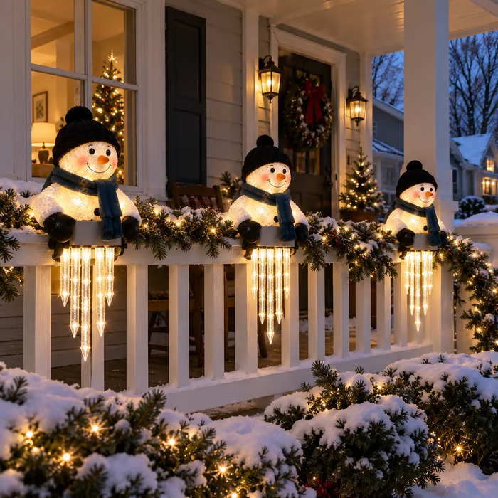 Warm icicle glow from the snowman decoration at a front entrance