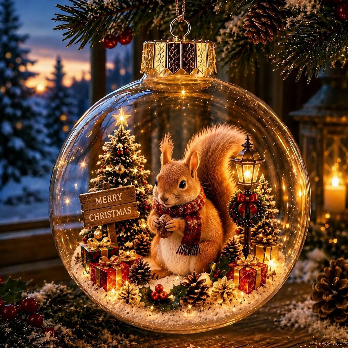 Glowing Christmas Diorama Ornament - Squirrel