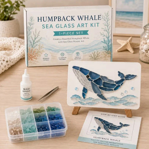 Humpback whale sea glass art kit with a coastal mosaic design