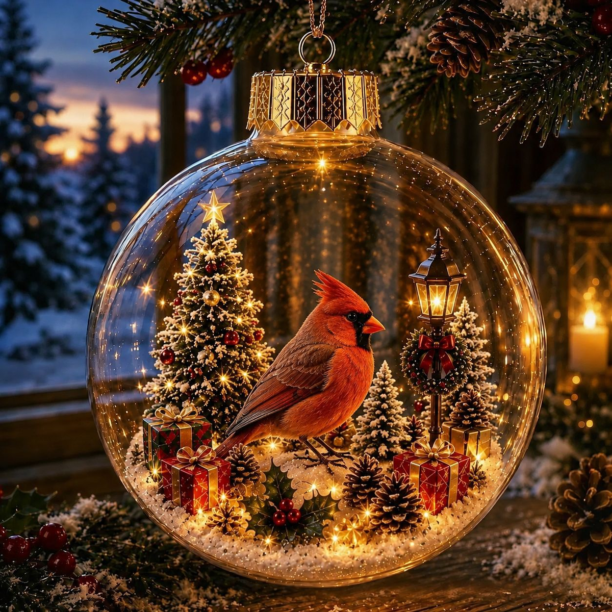 Glowing Christmas Diorama Ornament - Red Bird