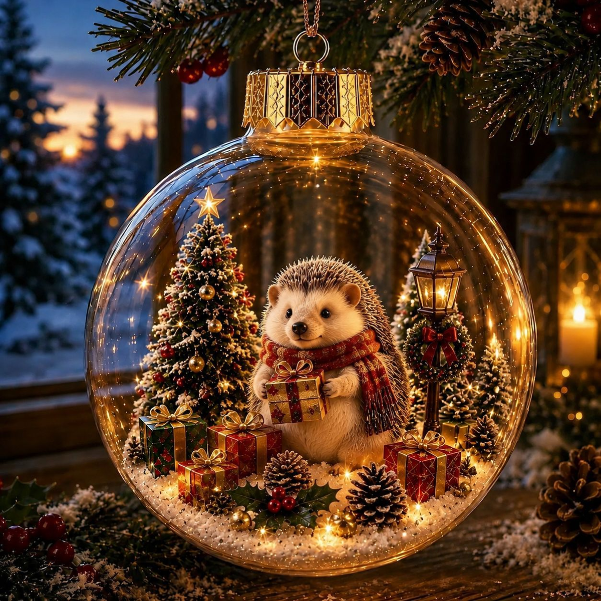 Glowing Christmas Diorama Ornament - Hedgehog