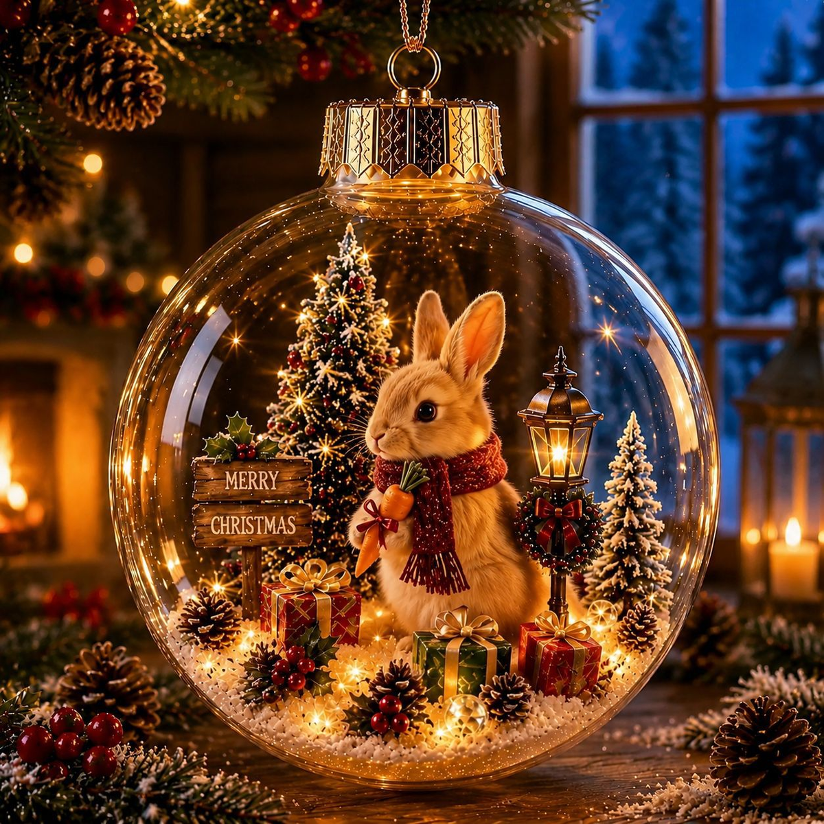 Glowing Christmas Diorama Ornament - Rabbit